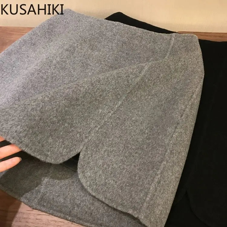 KUSAHIKI Women Fashion High Waisted Woolen Split Slim Skirts Korean 2024 Autumn Winter New A-line Mini Skirt Faldas De Mujer