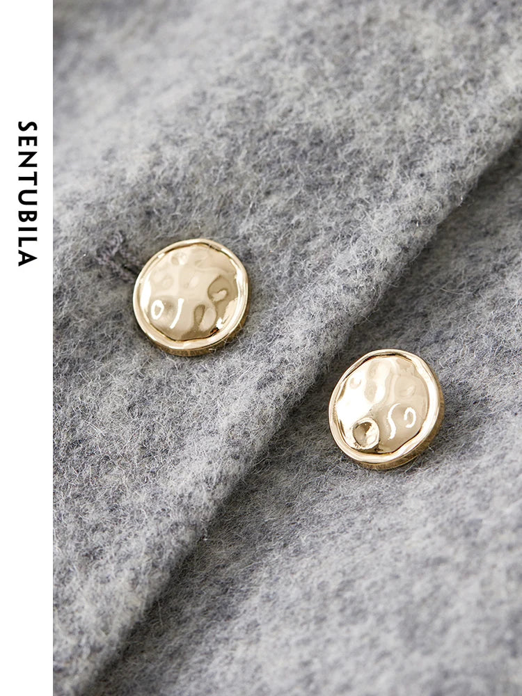 SENTUBILA Women Short Grey Woolen Coat 2024 Elegant Crew Neck Metal Double Breasted Short Jackets Winter Outerwear W44O56641