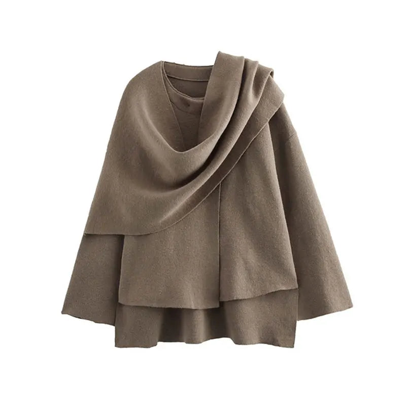 TRAF 2023 Winter Female Scarf Coat Long Sleeve Knitted Asymmetric Jackets For Women Streetwear Causal Women Coats