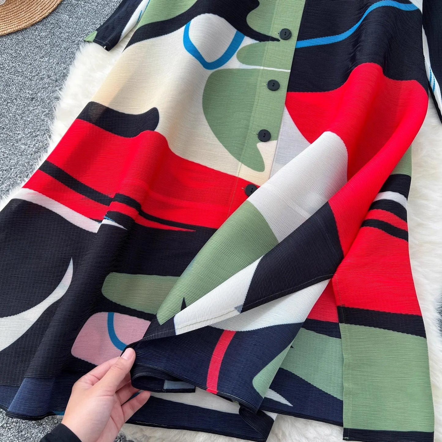 Miyake Pleated Large Size Shirt Dress Women's 2024 Autumn New Colorblock Print Stand Collar Loose Fat MM Slim Stretch Cardigans