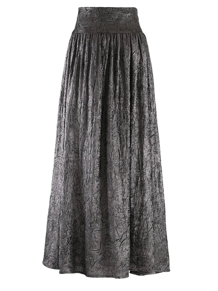 [EAM] Women Dark Gold Color Pleated Elegant Long A-line Half-body Skirt High Wais Fashion Tide New Spring Autumn 2024 1DF9488