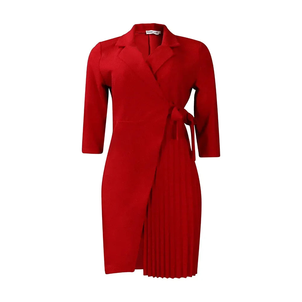 Women Dresses Long Sleeve Turn Down Collar Cardigan Party Dress Solid Vestidos Office Lady Loose Fit Pleated Autumn Belt