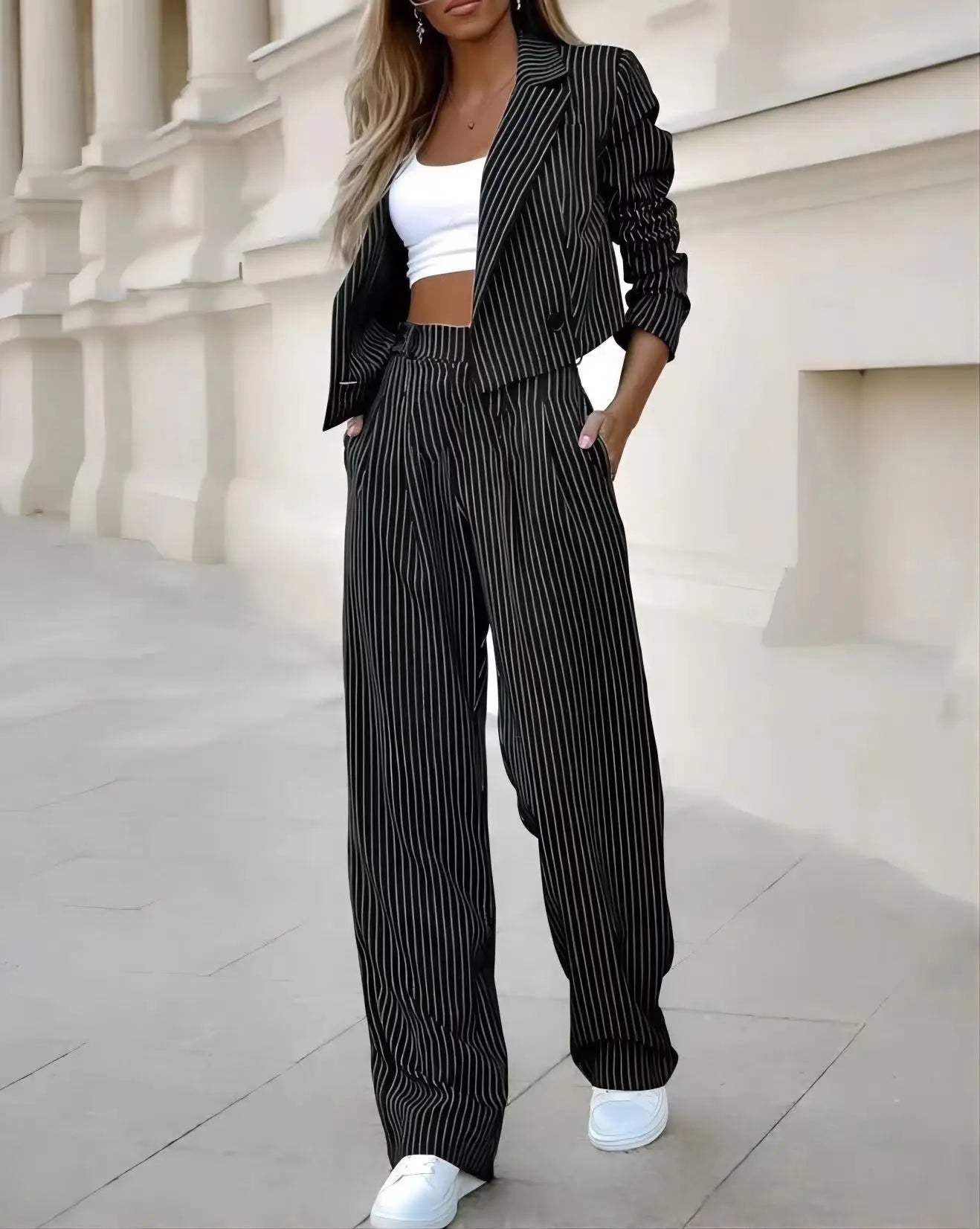 Women Tracksuit Two Pieces Set Long Sleeve Turn Down Collar Cardigan Wide Leg Pants Loose Fit Pockets Striped Office Lady