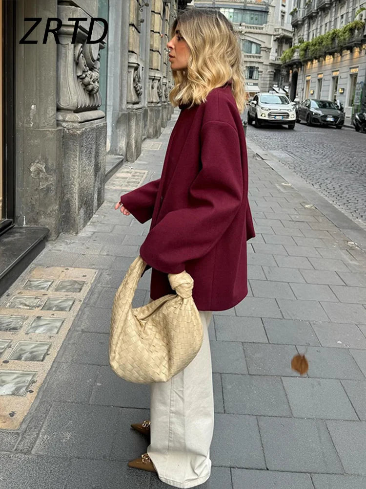 Vintage Women's Woolen Coat With Scarf Loose V-neck Single Breasted Full Sleeve Female Jackets 2024 Autumn Lady Fashion Outwear