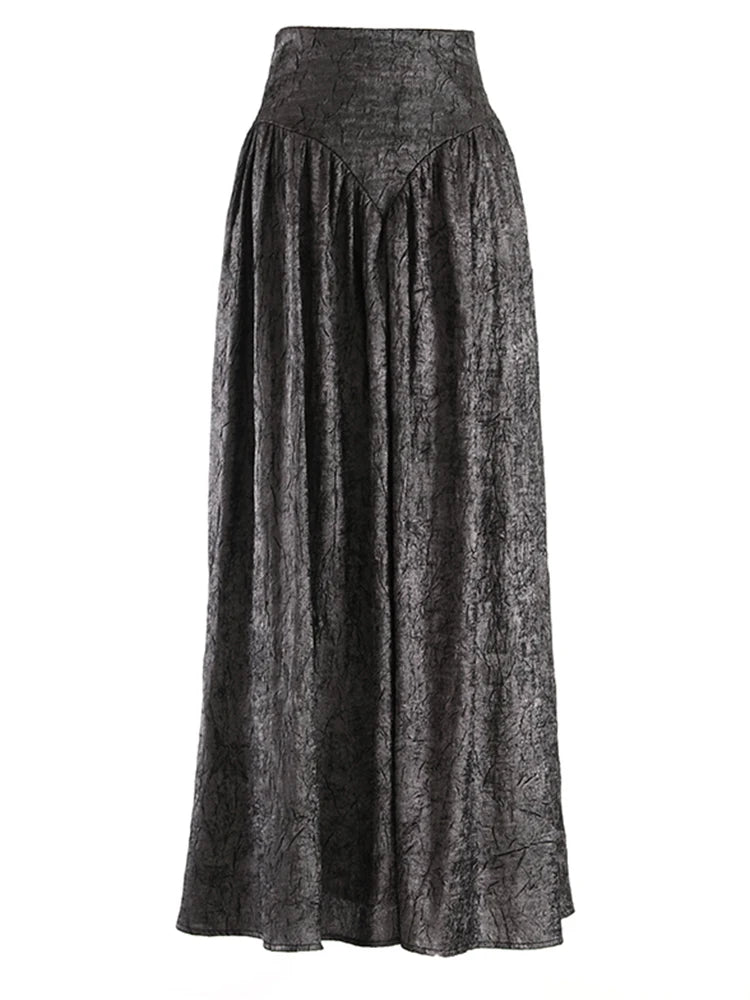 [EAM] Women Dark Gold Color Pleated Elegant Long A-line Half-body Skirt High Wais Fashion Tide New Spring Autumn 2024 1DF9488