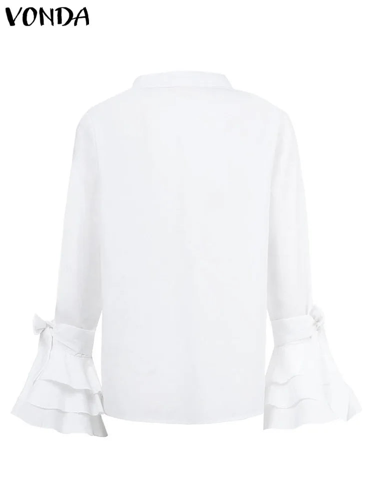 Plus Size 5XL VONDA Fashion Shirts White Blouse Women Autumn Long Flare Sleeve Tops Tunic Casual Solid Buttons Blusas Femininas
