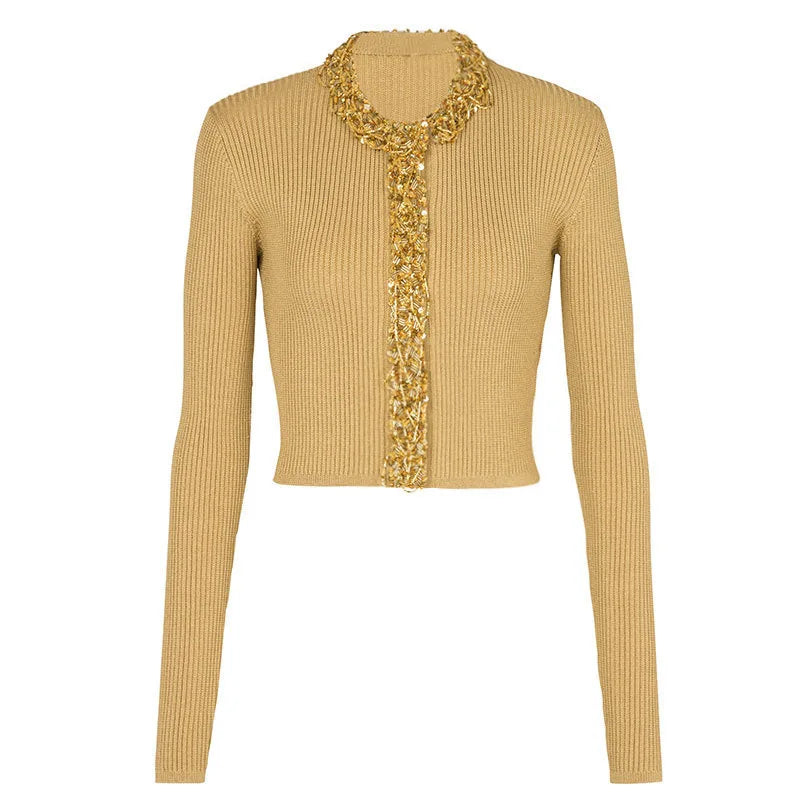 ZJYT Women's Long Sleeve Cardigan Sweaters Luxury Beading Knitting Tops Female Europe Fashion O Neck Knitwears Jersey Mujer 2024