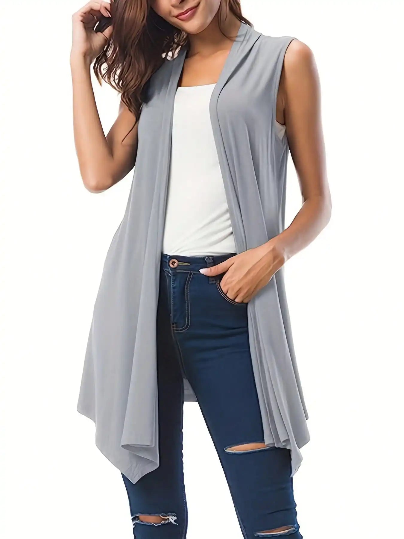 Women's Plus Size 1XL-5XL Asymmetrical Hem Sleeveless Cardigan Versatile Solid Color Casual Cardigan Simple Fashionable Cardigan