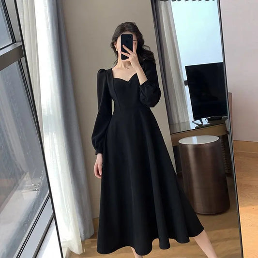 Temperament Black Midi Dress Spring Autumn New Long Sleeve V Neck Loose Solid Color Dresses Vintage Fashion Women Clothing S-3XL