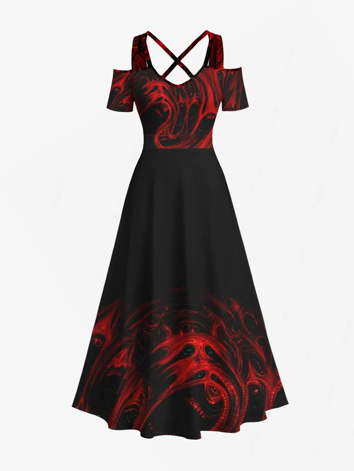 Plus Size Halloween Costume Ghost Fire Flame Printed Cold Shoulder Crisscross Maxi Dress And Buttons Long Sleeve Shirt For Men