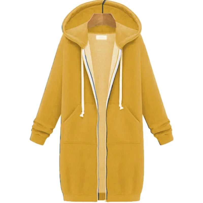 America Solid Color Hoodie Cardigan Women Autumn Winter Hip-hop Mid Long Velvet Pockets Hooded Zipper Windbreaker Jacket Top New