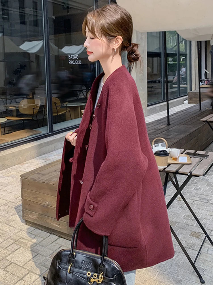 LANMREM Korean Style Women Short Wool Coat Scarf V Neck Solid Color Single Breasted Jackets Fashion Winter New Clothing 2VV1935