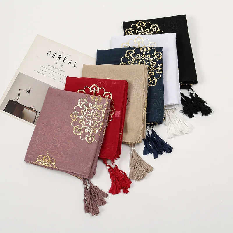 Luxury Paisley Hijab Ladies Headscarf Muslim Chiffon Bronze Breathable Scarfs Cap Women Oversize Print Shawl Wrap Headscarves