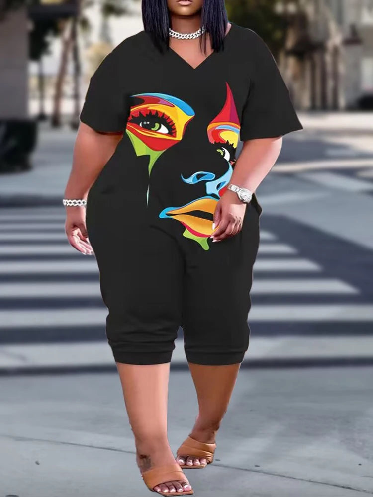 Plus Size Contrast Leopard Print V Neck Half Sleeve Jumpsuit Casual Chic Knee-Length