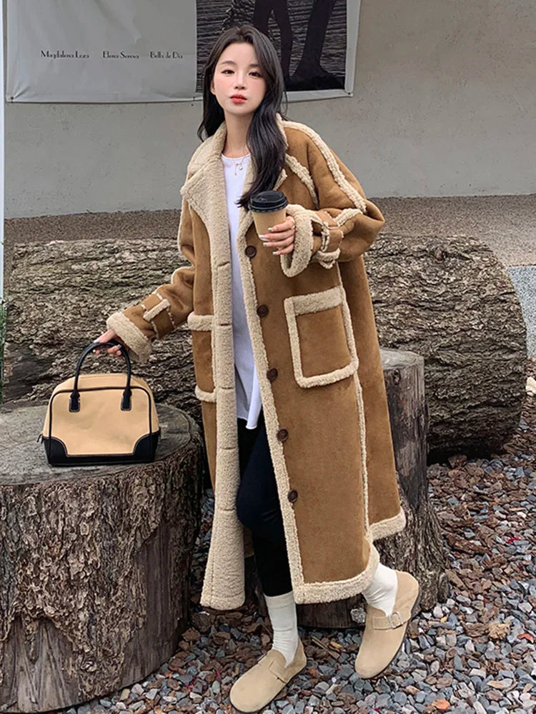 LANMREM Lamb Wool Long Coat For Women Patchwork Lapel Big Pockets Thick Winter Warm Overcoat Female Clothing 2024 New 2DB1058