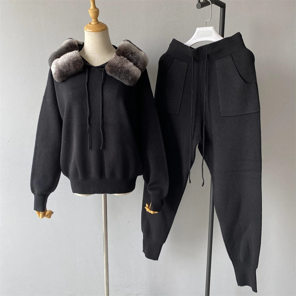 Jxwatcher Women's Sweater and Pant Sets With Real Fox Fur Collar Autumn Fashion Ladies Knitted Two Piece Set With Hooded Female