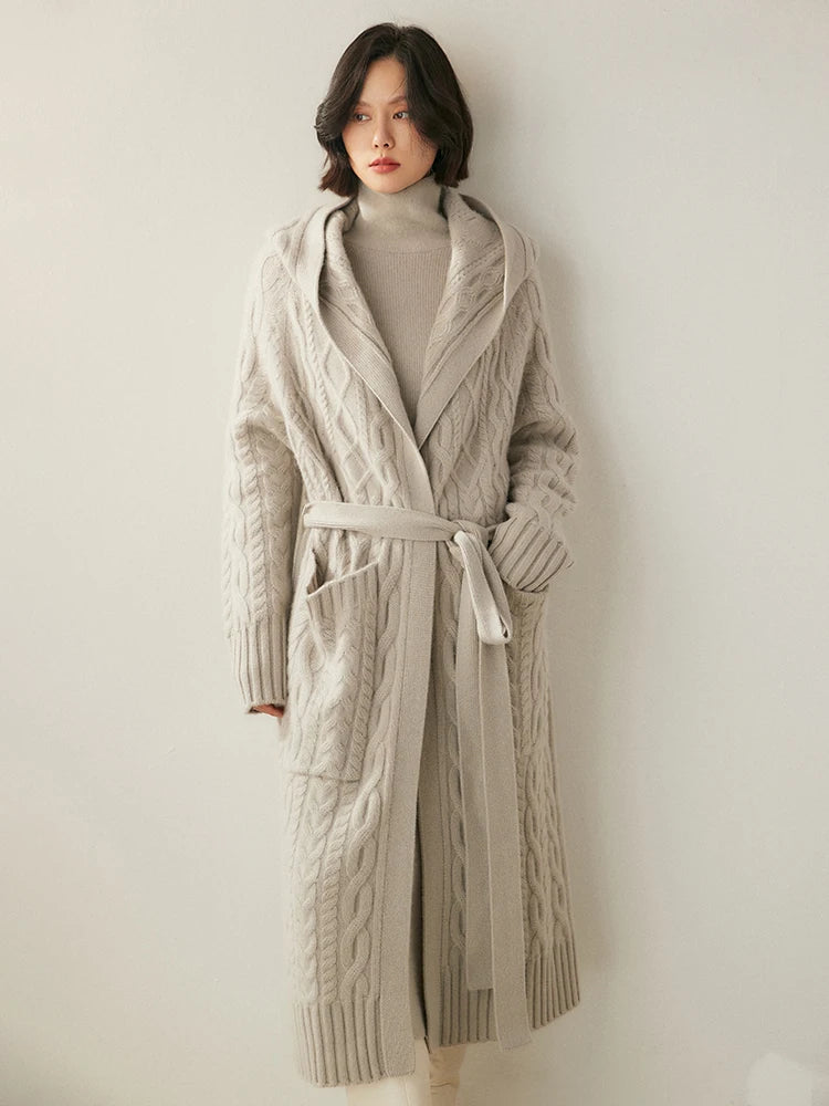 Luxury Women's Long Coat Hooded Cardigan 100% Cashmere Sweater Autumn Winter Thick Lace-up Knitwear Cashmere Clothing Warm Tops