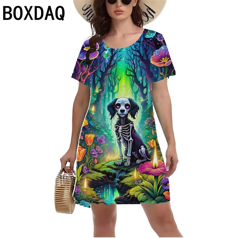 Fun Animal Pattern Print Dress Women Summer Short Sleeved Casual Beach Mini Dress S-3XL Female Fashion Personality A-Line Dress