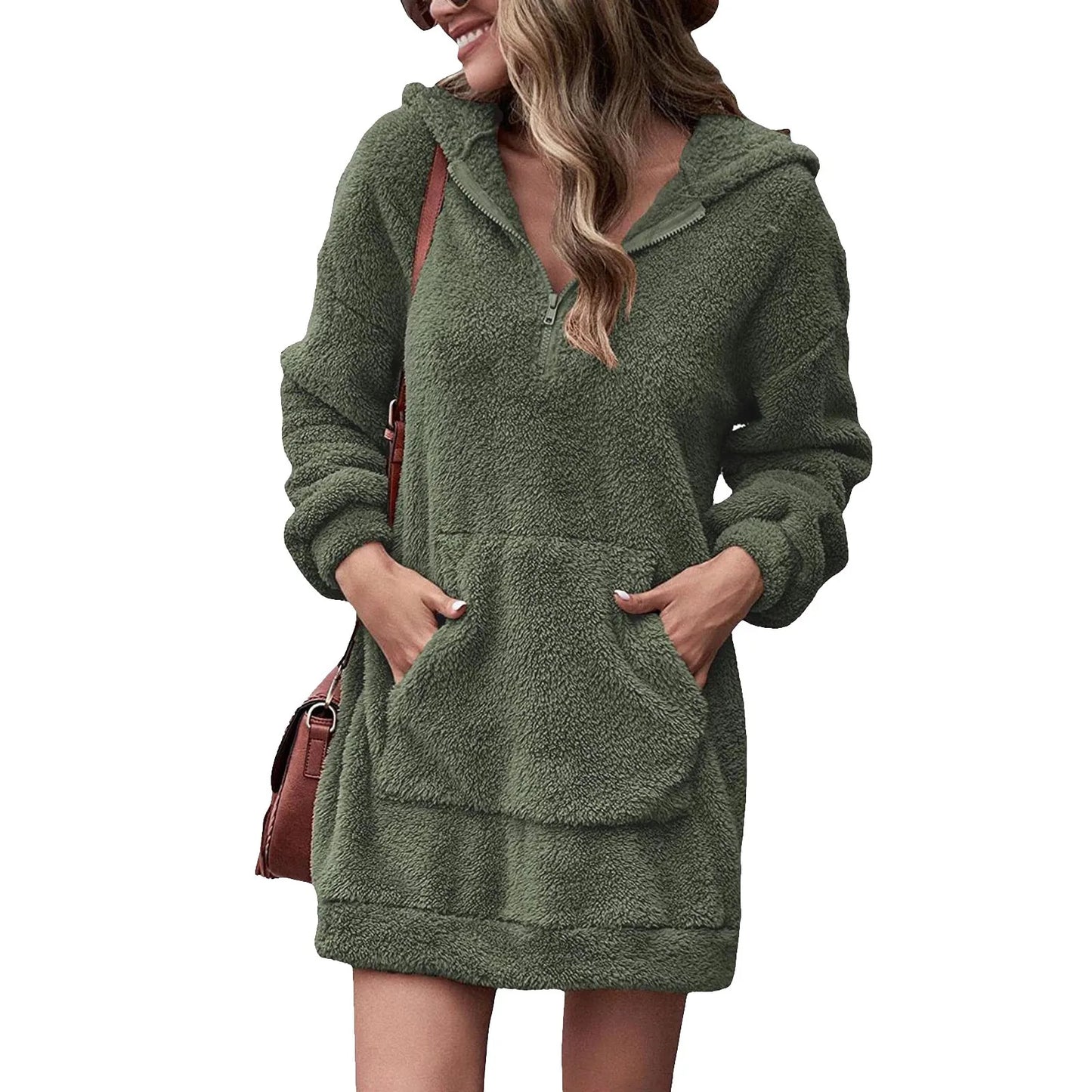 Autumn Winter Long Sleeve Plush Hoodies Women Warm Fluffy Flannel Pullover Pajama Loose Hooded Sweatshirts  Zipper Mini Dress