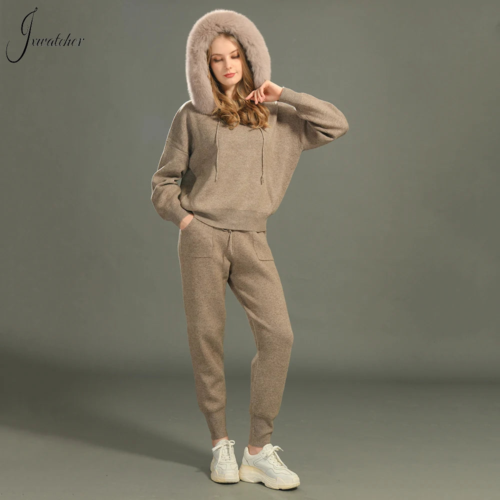 Jxwatcher Women's Sweater and Pant Sets With Real Fox Fur Collar Autumn Fashion Ladies Knitted Two Piece Set With Hooded Female