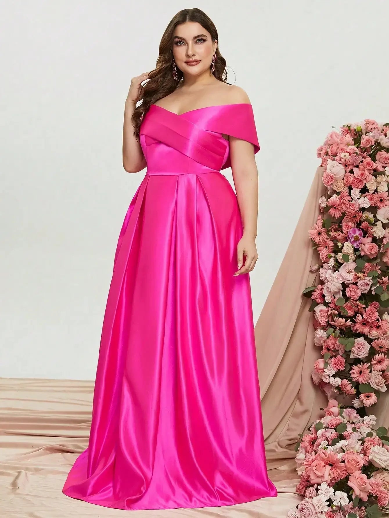 Plus Elegant Off Shoulder Satin A Line Prom Dress