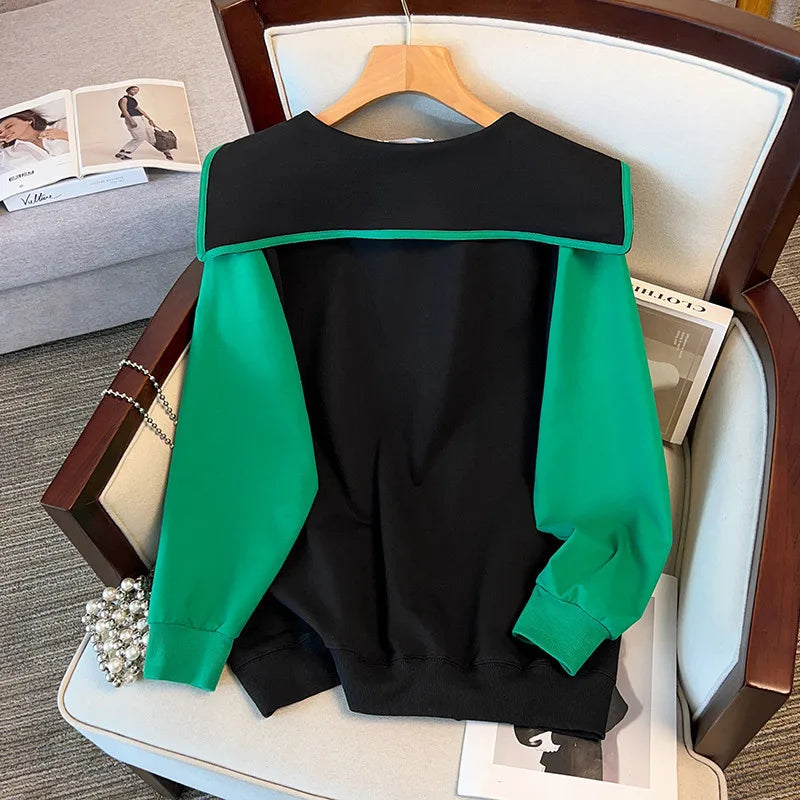 170Kg Plus Size Women's Bust 170 Spring Autumn Loose Contrast Doll Neck Sweatshirt Black 6XL 7XL 8XL 9XL 10XL 11XL