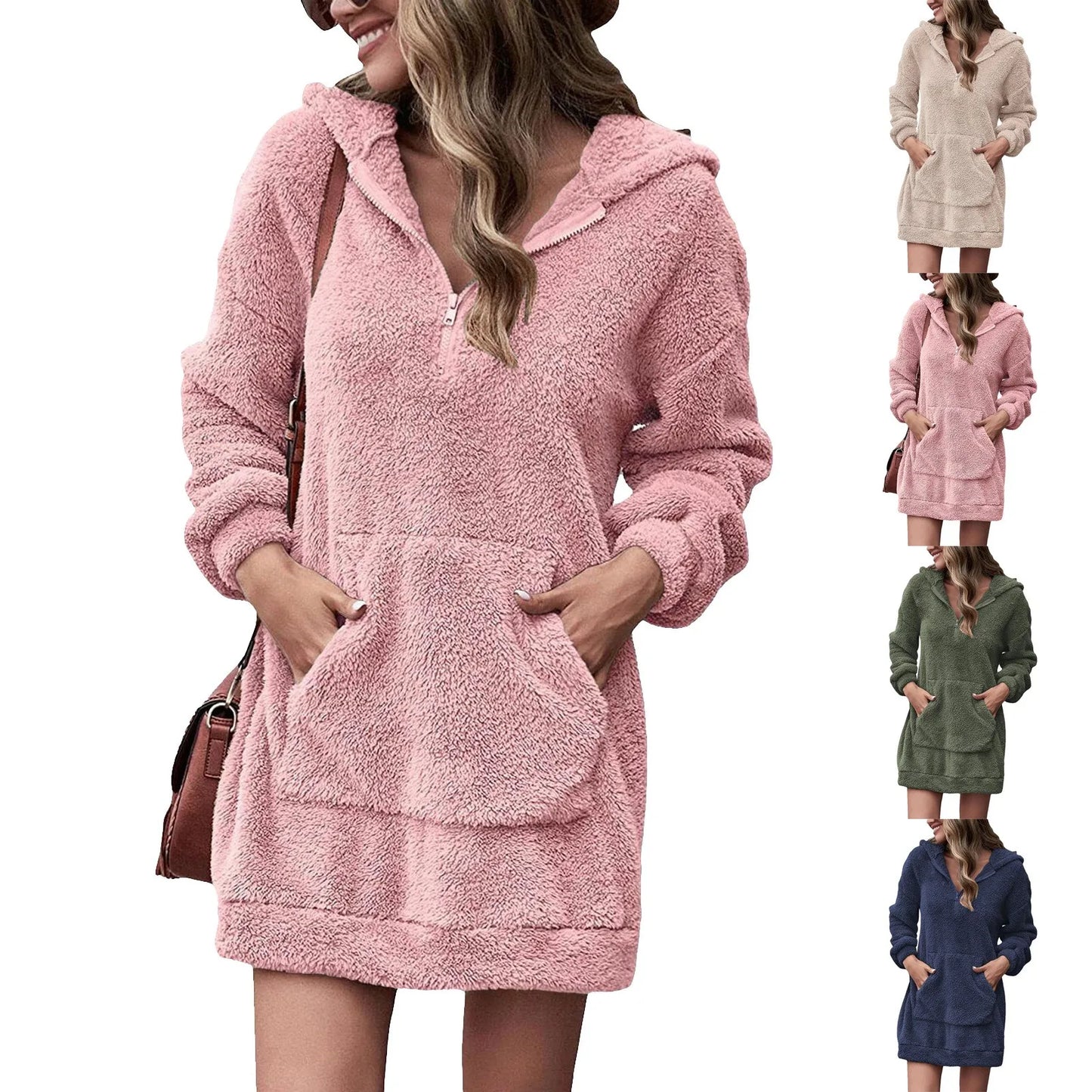 Autumn Winter Long Sleeve Plush Hoodies Women Warm Fluffy Flannel Pullover Pajama Loose Hooded Sweatshirts  Zipper Mini Dress