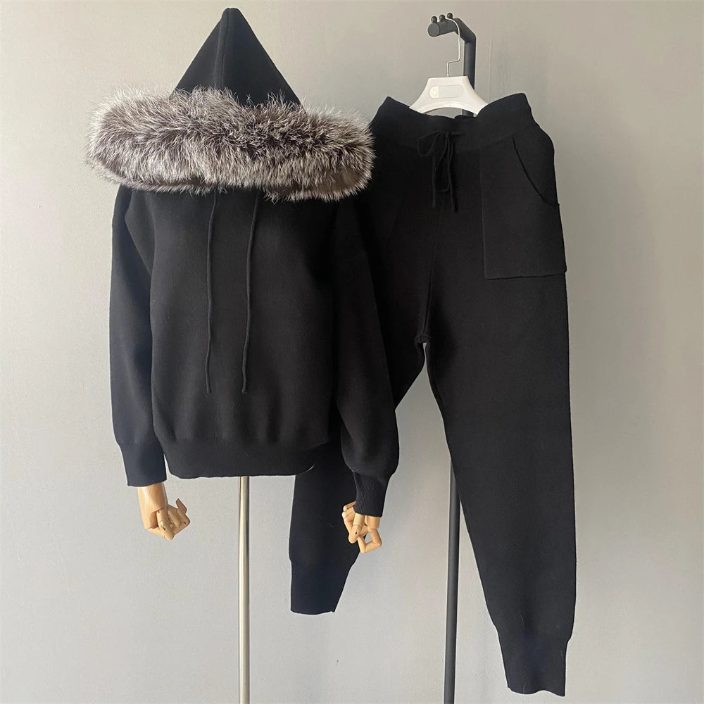 Jxwatcher Women's Sweater and Pant Sets With Real Fox Fur Collar Autumn Fashion Ladies Knitted Two Piece Set With Hooded Female
