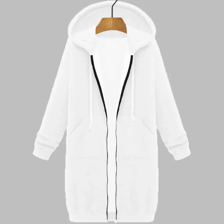 America Solid Color Hoodie Cardigan Women Autumn Winter Hip-hop Mid Long Velvet Pockets Hooded Zipper Windbreaker Jacket Top New