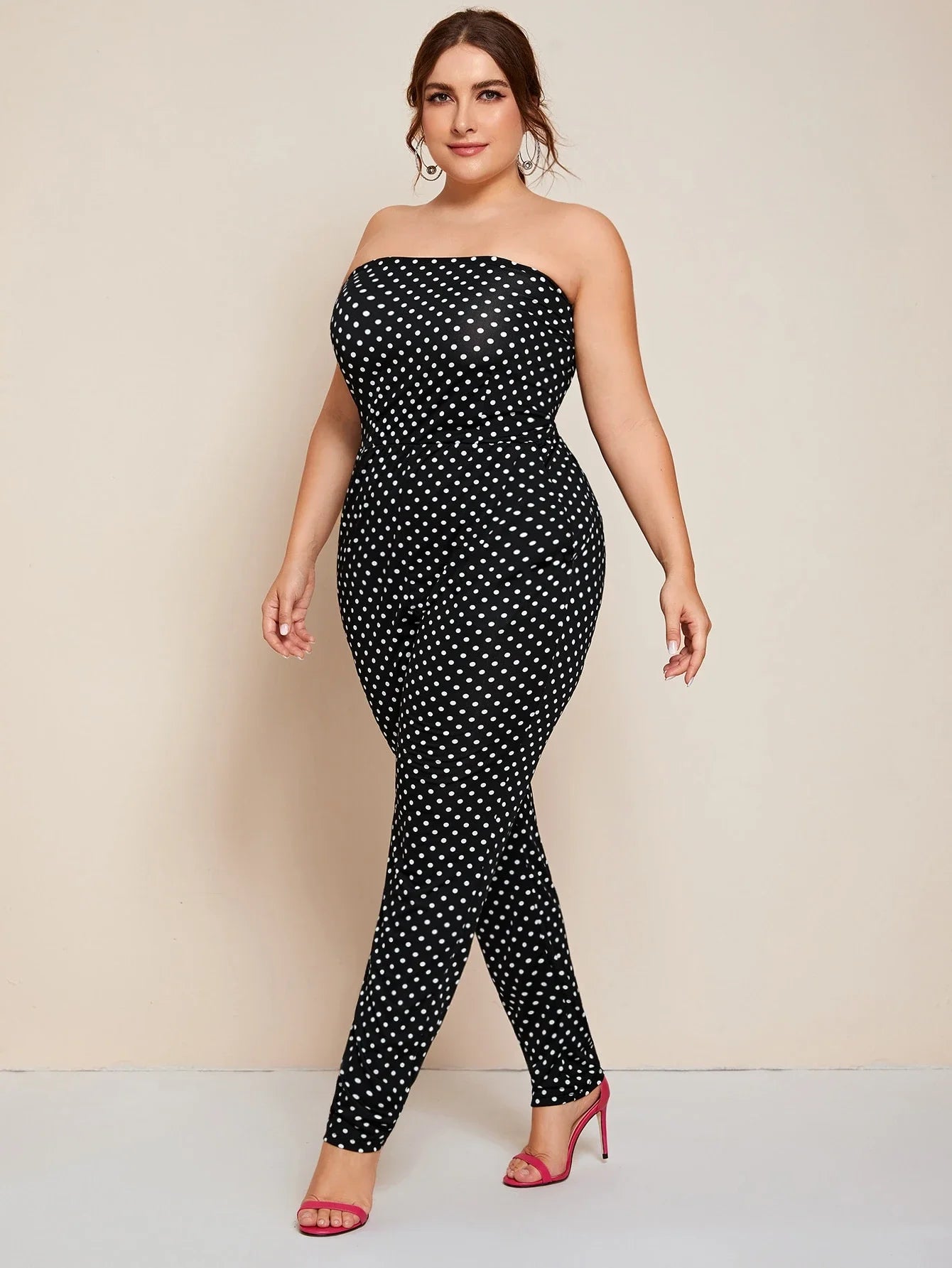 Plus Size Dot Print Casual Jumpsuits Sleeveless Off Shoulder Pocket Design Elastic Waist Formal Office Elegant Jumpsuits 6xl 7xl