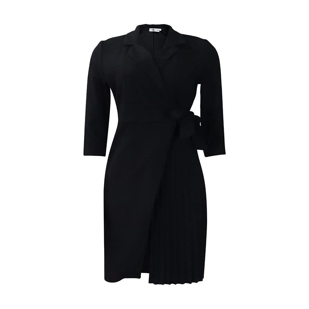 Women Dresses Long Sleeve Turn Down Collar Cardigan Party Dress Solid Vestidos Office Lady Loose Fit Pleated Autumn Belt