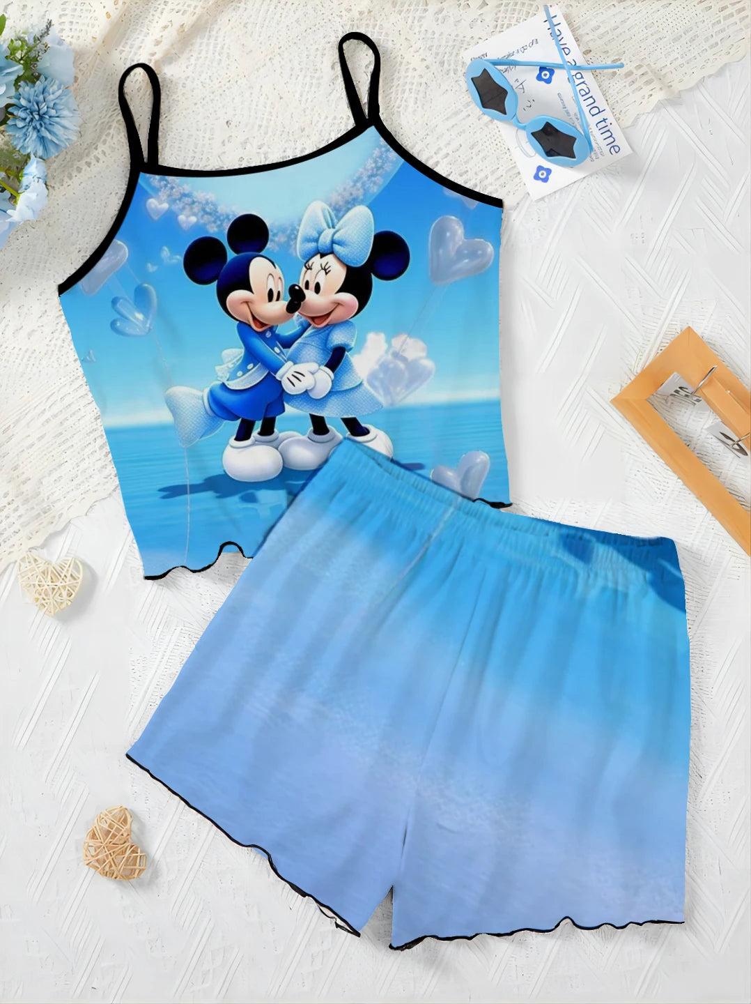 Top Disney Minnie Mouse Short Sets for Women 2 Pieces Lettuce Trim T-shirt Mickey Slip Dress Women's Suit Pajama Skirt Elegant