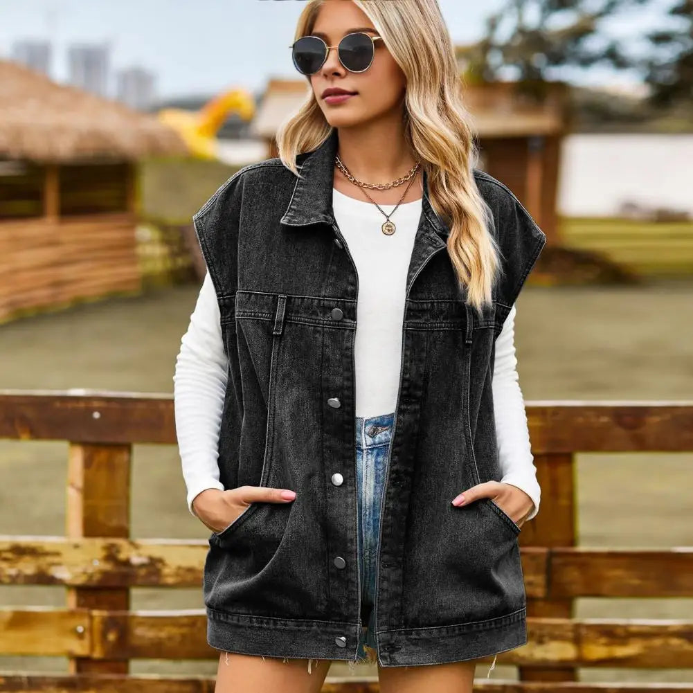 Denim Waistcoat Stylish Women's Denim Vest with Big Pockets Single-breasted Design Casual Sleeveless Jacket for Streetwear Retro