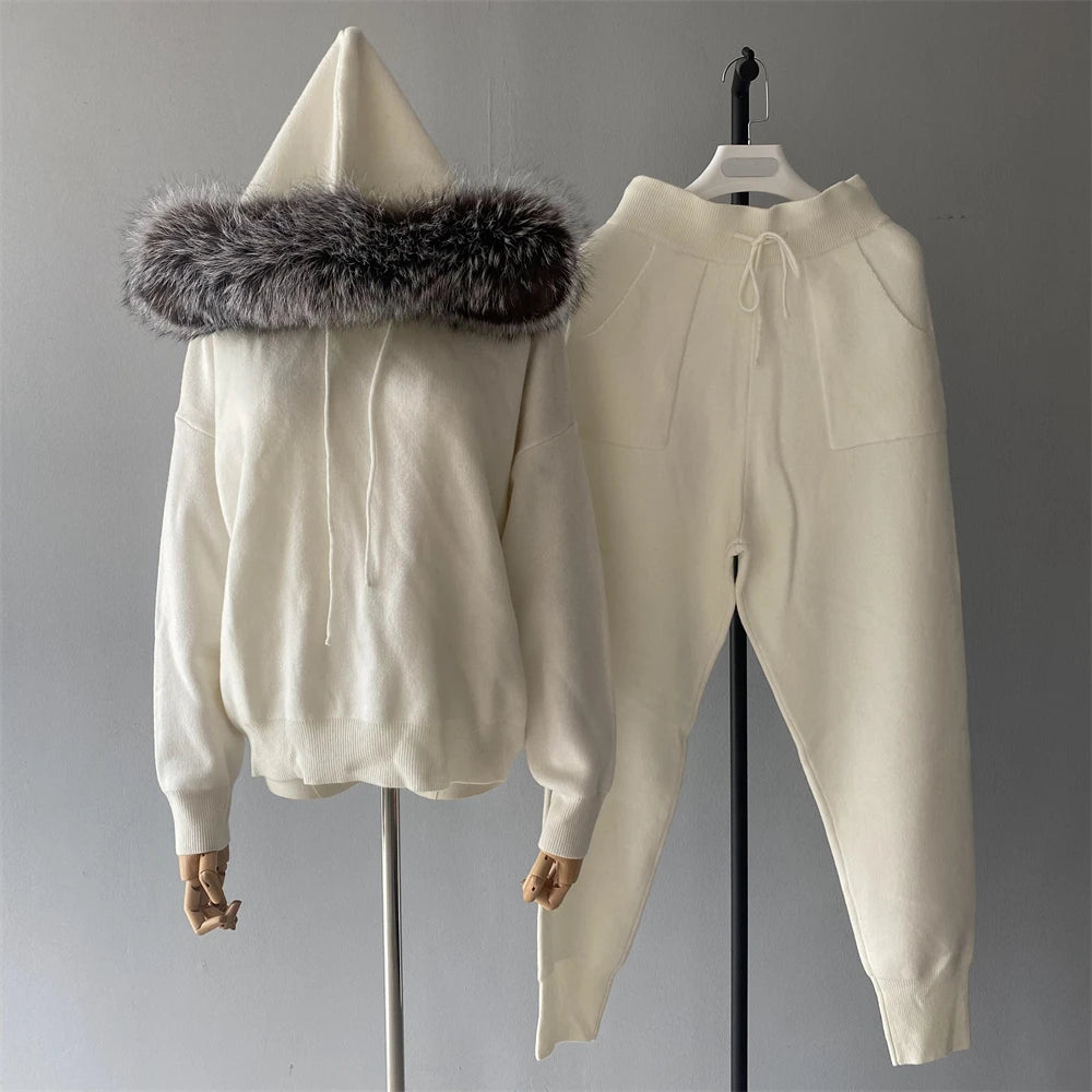 Jxwatcher Women's Sweater and Pant Sets With Real Fox Fur Collar Autumn Fashion Ladies Knitted Two Piece Set With Hooded Female