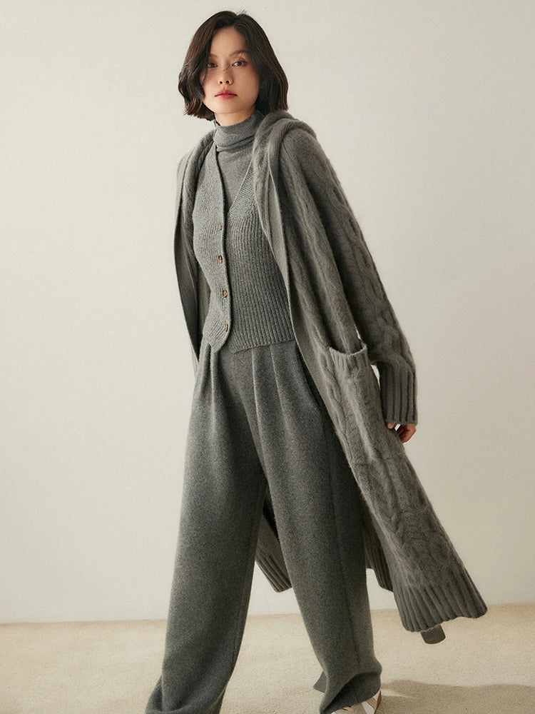 Luxury Women's Long Coat Hooded Cardigan 100% Cashmere Sweater Autumn Winter Thick Lace-up Knitwear Cashmere Clothing Warm Tops