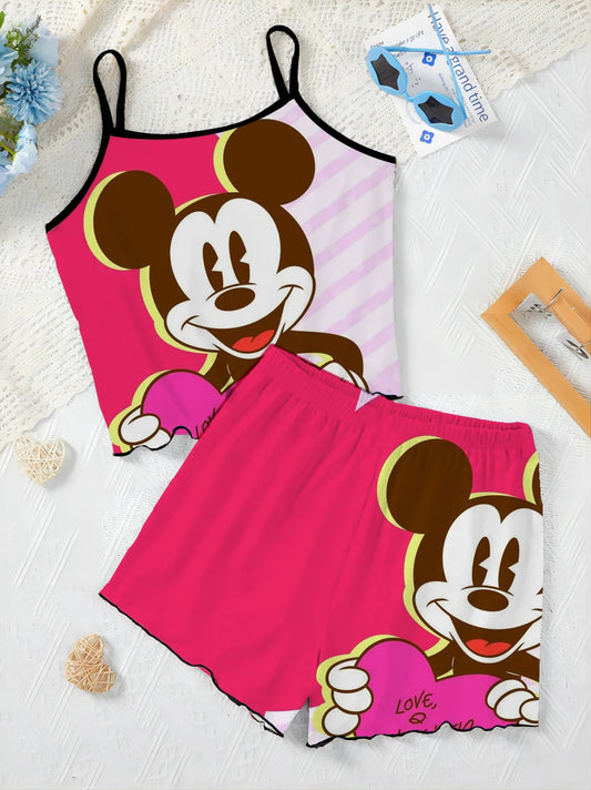 Top Disney Minnie Mouse Short Sets for Women 2 Pieces Lettuce Trim T-shirt Mickey Slip Dress Women's Suit Pajama Skirt Elegant