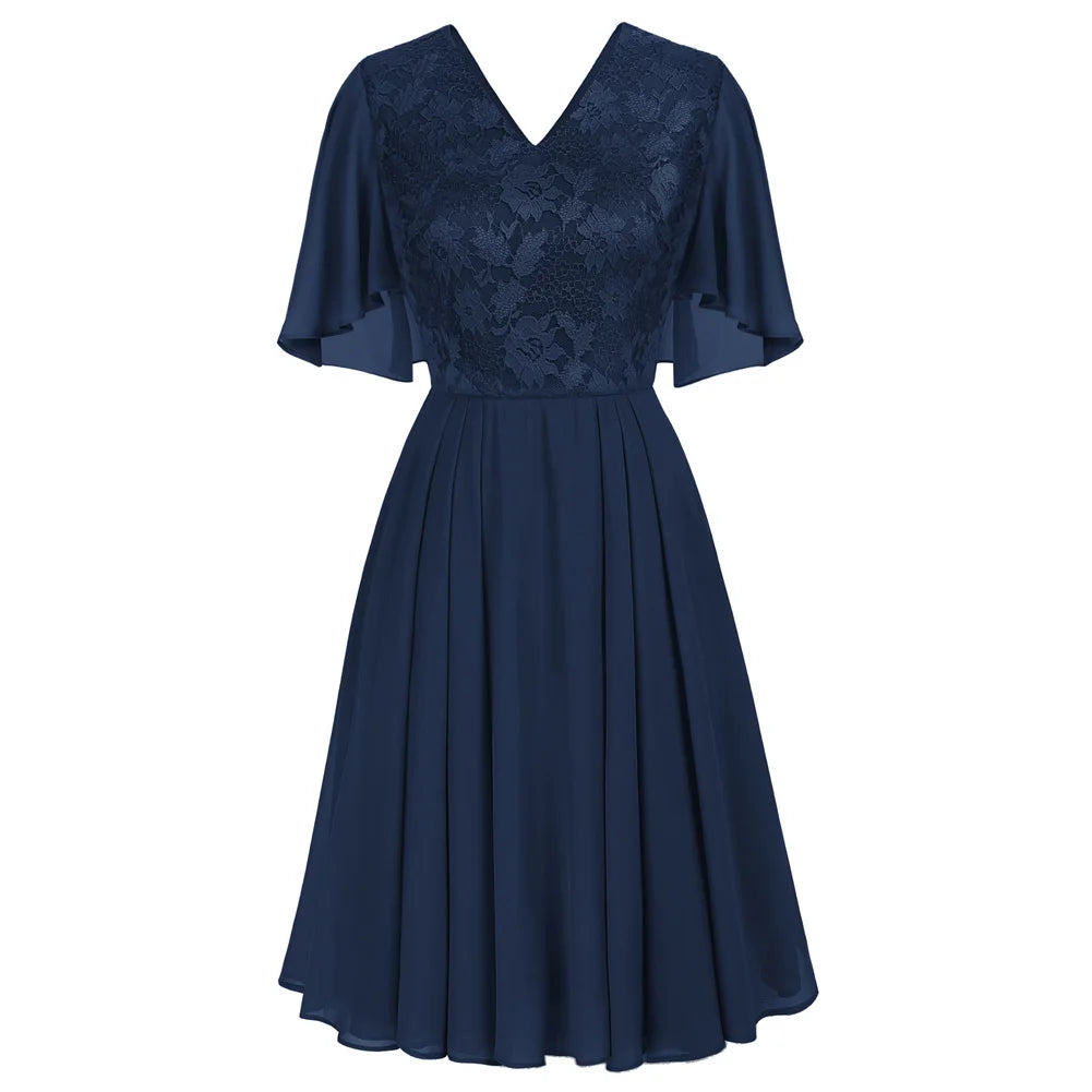 GK Women Lace Patchwork Dress Cape Sleeve V-Neck Flared A-Line Causal Fashion Party Evening Dresses Female Lady Elegant Gown