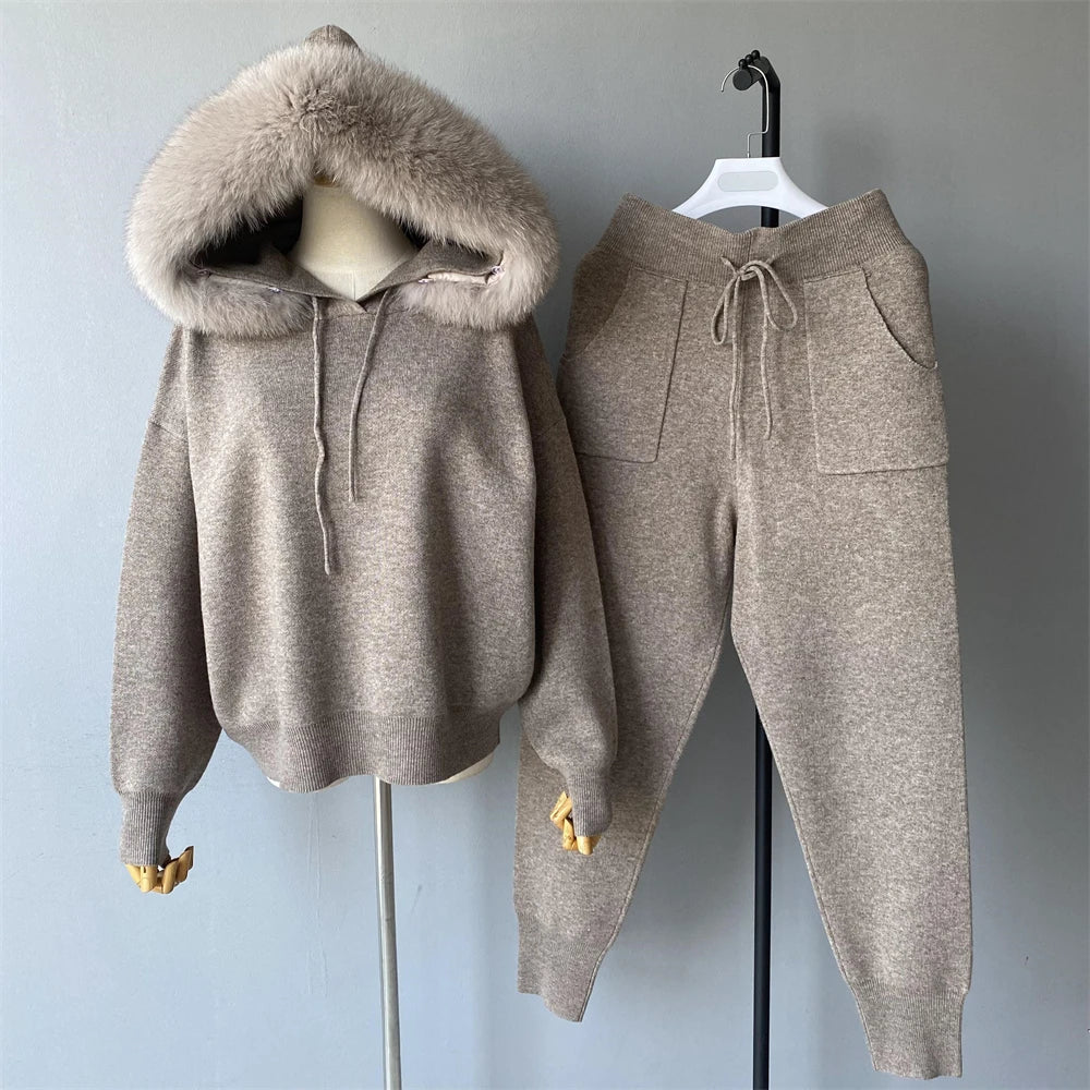 Jxwatcher Women's Sweater and Pant Sets With Real Fox Fur Collar Autumn Fashion Ladies Knitted Two Piece Set With Hooded Female