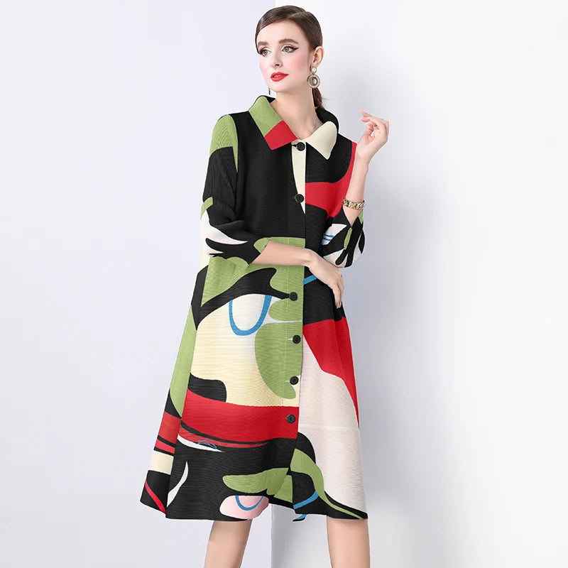 Miyake Pleated Large Size Shirt Dress Women's 2024 Autumn New Colorblock Print Stand Collar Loose Fat MM Slim Stretch Cardigans