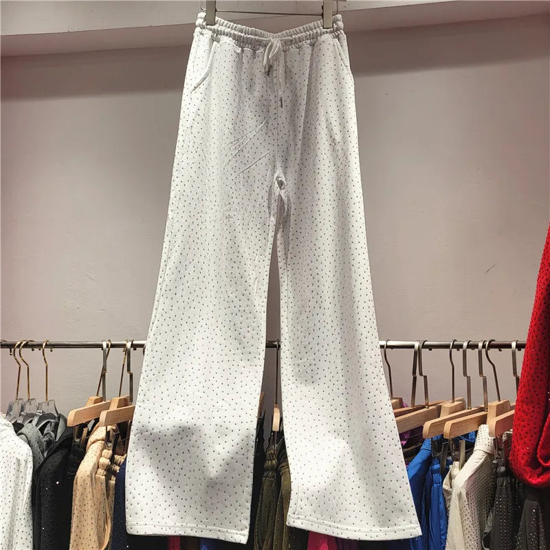 High Street Diamond Hoodies 2 Piece Sets Women Heavy Industry Washed Loose Casual Sportswear High Waist Wide Leg Pants Tracksuit