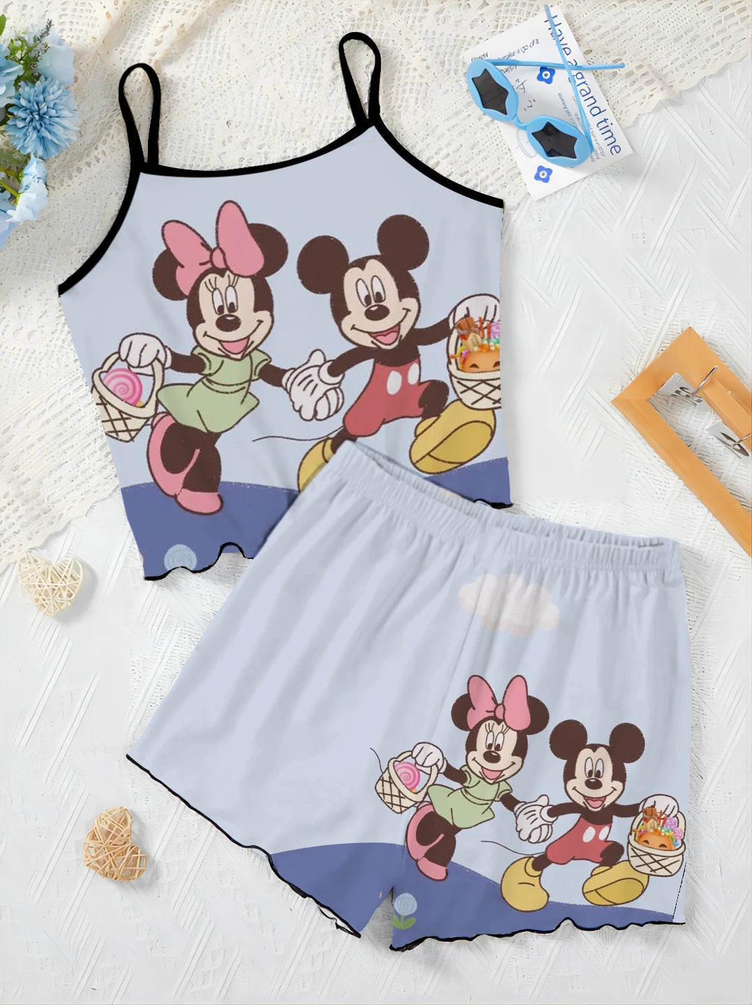 Top Disney Minnie Mouse Short Sets for Women 2 Pieces Lettuce Trim T-shirt Mickey Slip Dress Women's Suit Pajama Skirt Elegant