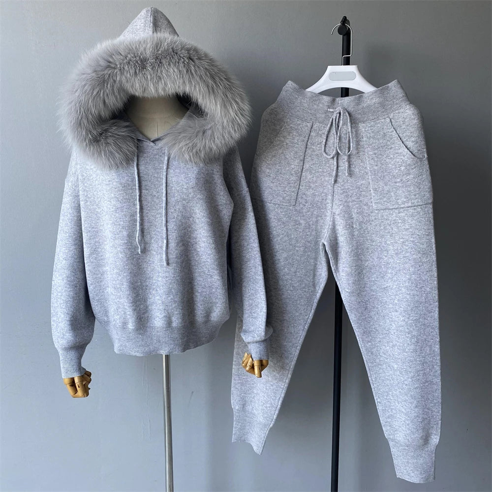 Jxwatcher Women's Sweater and Pant Sets With Real Fox Fur Collar Autumn Fashion Ladies Knitted Two Piece Set With Hooded Female