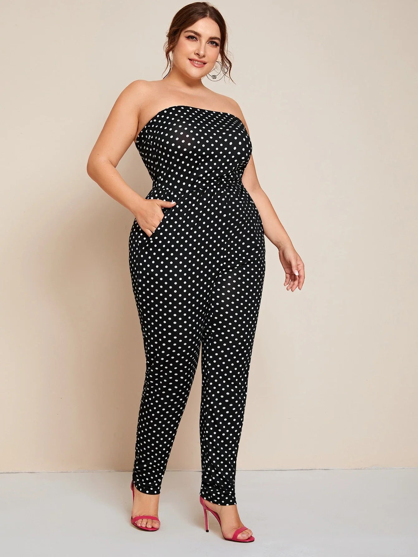 Plus Size Dot Print Casual Jumpsuits Sleeveless Off Shoulder Pocket Design Elastic Waist Formal Office Elegant Jumpsuits 6xl 7xl