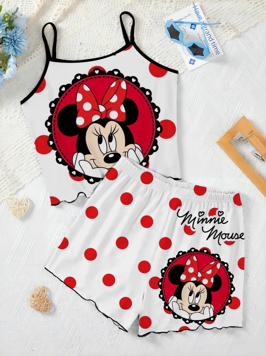 Top Disney Minnie Mouse Short Sets for Women 2 Pieces Lettuce Trim T-shirt Mickey Slip Dress Women's Suit Pajama Skirt Elegant