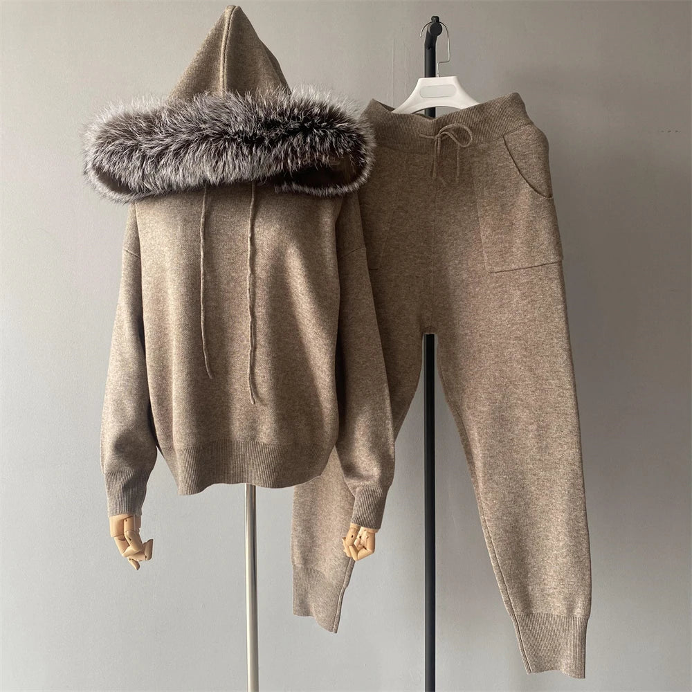 Jxwatcher Women's Sweater and Pant Sets With Real Fox Fur Collar Autumn Fashion Ladies Knitted Two Piece Set With Hooded Female