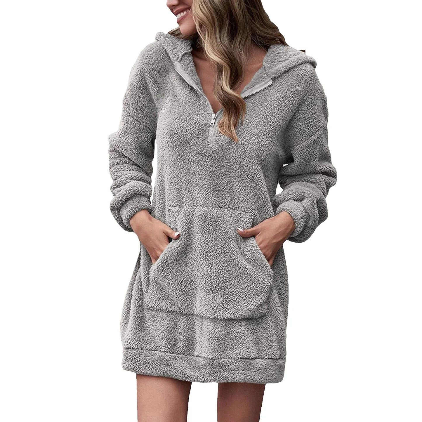 Autumn Winter Long Sleeve Plush Hoodies Women Warm Fluffy Flannel Pullover Pajama Loose Hooded Sweatshirts  Zipper Mini Dress