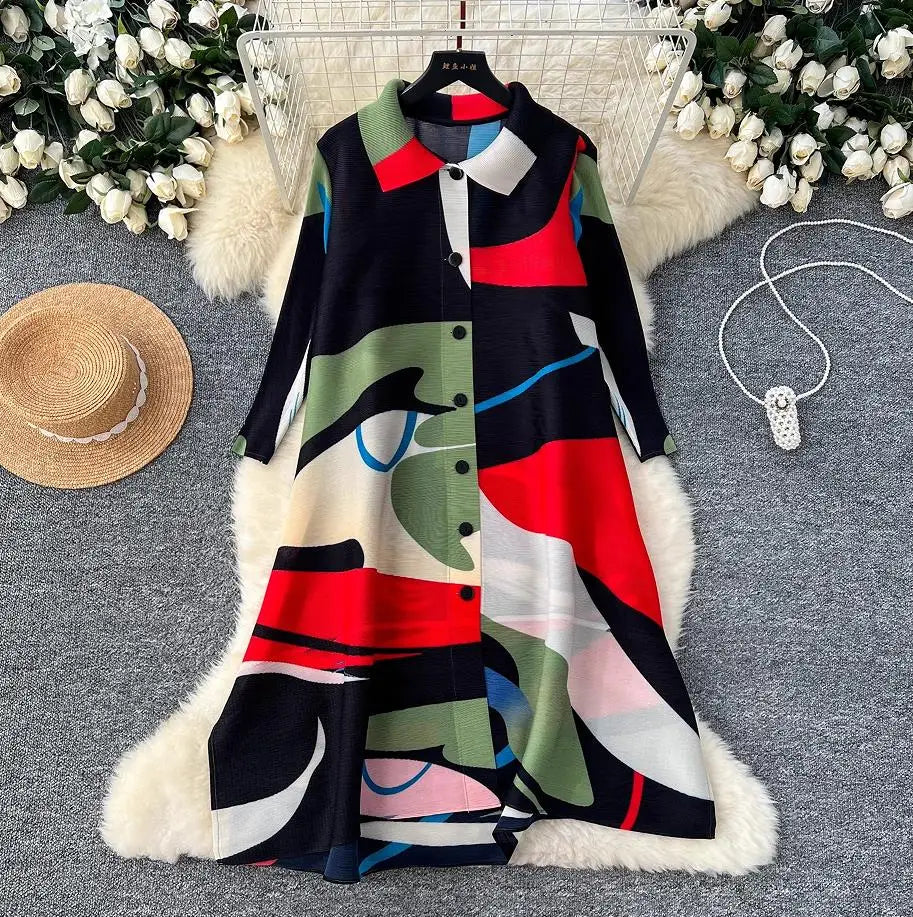 Miyake Pleated Large Size Shirt Dress Women's 2024 Autumn New Colorblock Print Stand Collar Loose Fat MM Slim Stretch Cardigans