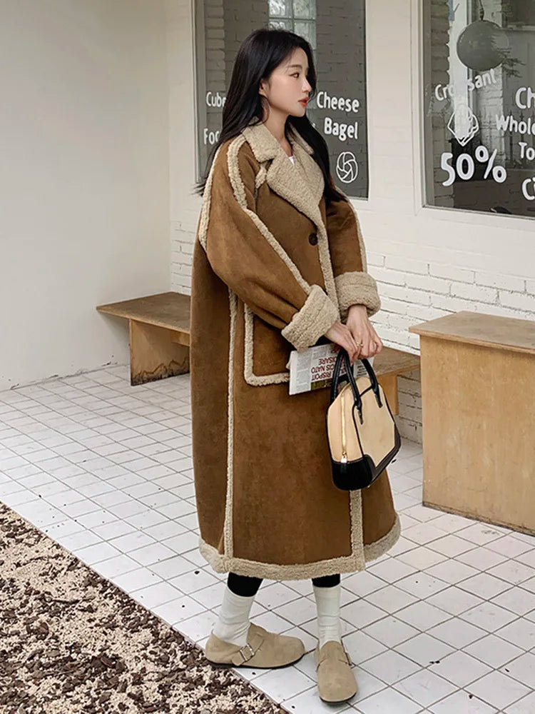 LANMREM Lamb Wool Long Coat For Women Patchwork Lapel Big Pockets Thick Winter Warm Overcoat Female Clothing 2024 New 2DB1058