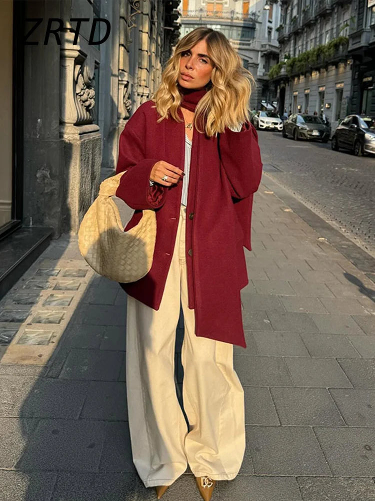 Vintage Women's Woolen Coat With Scarf Loose V-neck Single Breasted Full Sleeve Female Jackets 2024 Autumn Lady Fashion Outwear