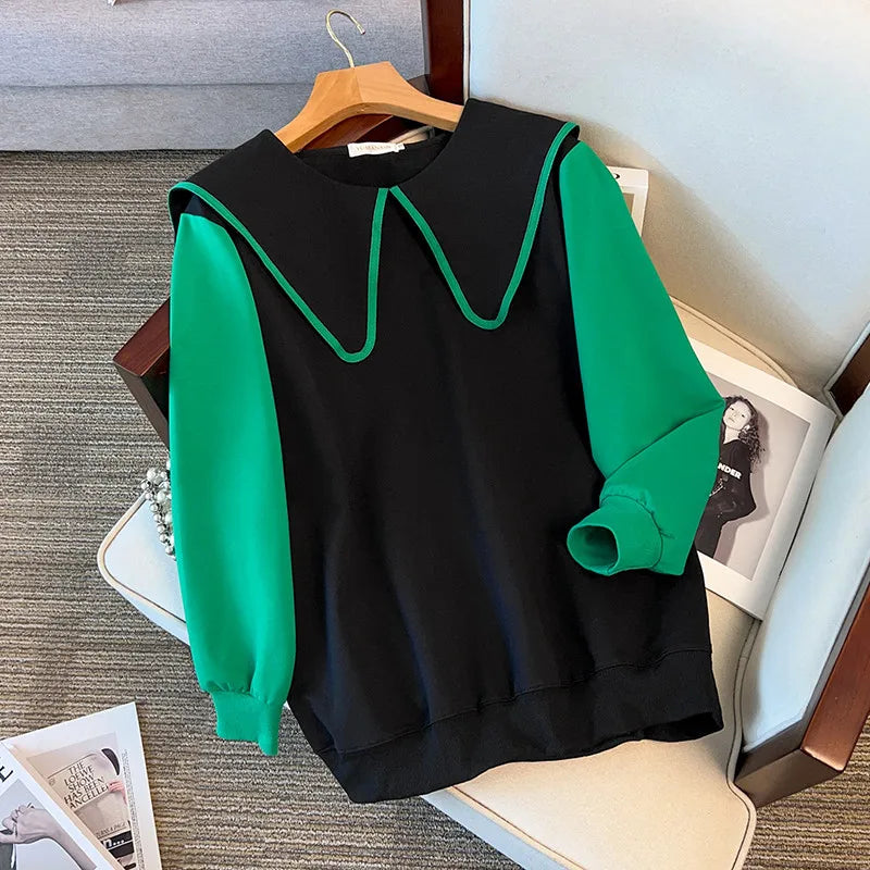 170Kg Plus Size Women's Bust 170 Spring Autumn Loose Contrast Doll Neck Sweatshirt Black 6XL 7XL 8XL 9XL 10XL 11XL